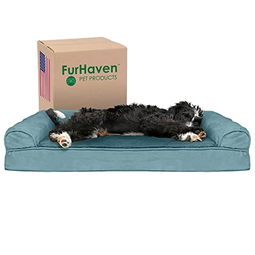 Furhaven Cooling Gel Dog Bed for Large/Medium Dogs w/ Removable Bolsters & Washable Cover, For Dogs Up to 55 lbs - Plush & Suede Sofa - Deep Pool, Large