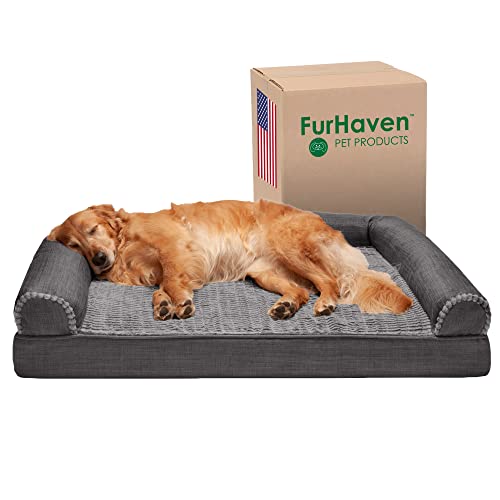 Furhaven Orthopedic Dog Bed for Large Dogs w/ Removable Bolsters & Washable Cover, For Dogs Up to 95 lbs - Luxe Faux Fur & Performance Linen Sofa - Charcoal, Jumbo/XL