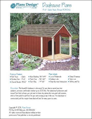 Gable Roof Style With Porch Dog House Project Plans, Pet Size up to 150 lbs Design # 90305G