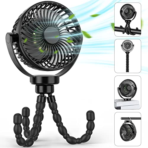 GetBreeze Portable Fan 5200 mAh Battery Operated, Baby Stroller Fan with Removable Tripod Clip on Portable Handheld Fan Personal USB Portable Fan for Travel, Stroller, Car Seat Black