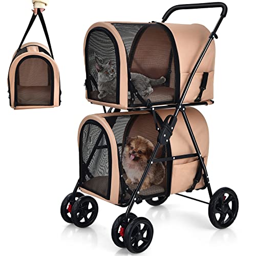 Giantex Double Pet Stroller with 2 Detachable Carrier Bags, Safety Belt, 4 Lockable Wheels Cat Stroller Travel Carrier Strolling Cart, Folding Dog Stroller for Small Medium Dogs Cats Puppy (Beige)