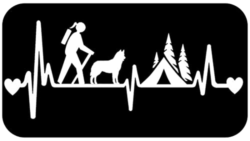 Girl Hiker Camper with Husky Dog Camping Tent Heartbeat Lifeline Decal Sticker for Car Window 8.0 Inch BG 347