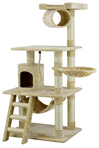 Go Pet Club 62" Classic Cat Tree Kitty Tower Kitten Condo Scratcher for Indoor Cats with Sisal Posts, Condo, Ladder, Soft Perch, Hammock, Basket Bed, and Tunnel Cat Activity Center Furniture, Beige