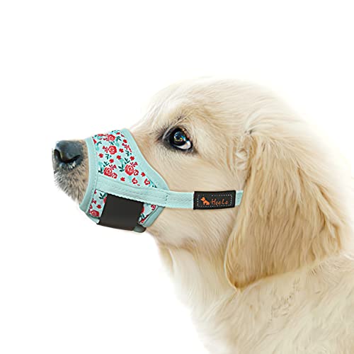 HEELE Dog Muzzle,Soft Nylon Print Muzzle Air Mesh Breathable Adjustable Loop Pattern Pets Muzzles for Small Medium Large Dogs,Stop Biting Barking and Chewing Cyan Flower X-Small