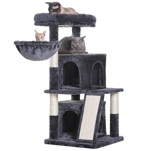 Hey-brother Cat Tree with Scratching Board, 2 Luxury Condos, 41.34 inches Cat Tower with Padded Plush Perch and Cozy Basket, Smoky Gray MPJ004G