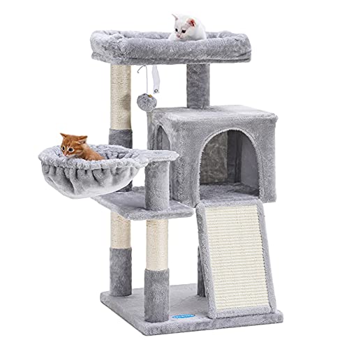 Hey-brother Cat Tree with Sisal Scratching Posts, Cat Tower with Scratching Board, Cat Condo with Basket,Light Grey MPJ014W