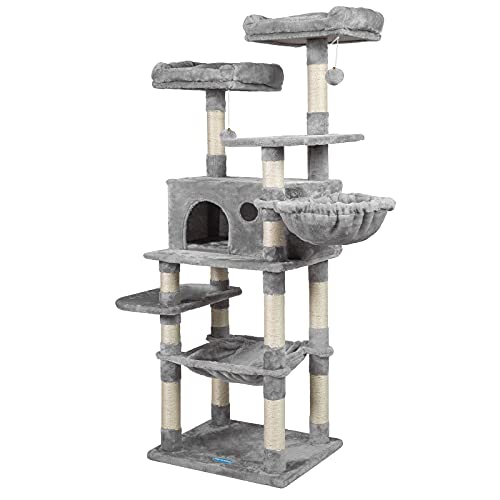 Hey-brother Multi-Level Cat Tree Condo for Large Cats, Cat Tower with Scratching Board, Padded Plush Perch and Cozy Basket Light Gray MPJ0025W