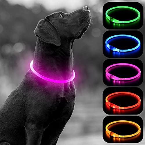 HIGO LED Dog Collar, USB Rechargeable Light Up Dog Collars, TPU Cuttable Light Dog Necklace Glow in The Dark (Pink)