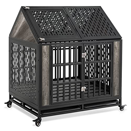 Huddycove 42 inch Heavy Duty Dog Crate for Medium to Large Dogs, Indestructible Kennel for High Anxiety Dogs, Two Removable Trays and Lockable Wheel, Chew Proof Pet Cage Indoor, Gray