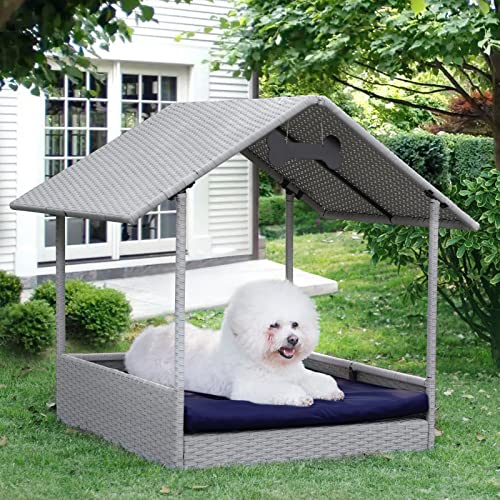 IDEE 34'' Dog Wicker House Outdoor & Indoor Furniture Raised Rattan Bed Sofa with Cushion for Small Animals (Grey Vine Navy Cushion)