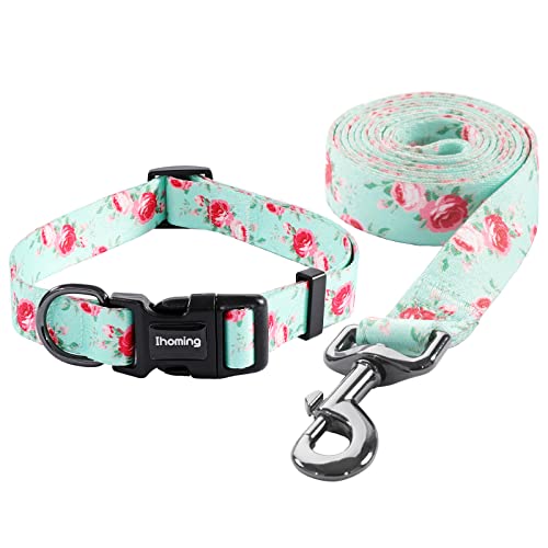 Ihoming Dog Collar and Leash Set for Daily Outdoor Walking Running Training, Floral Spring Design for Small Boys Girls Dogs Cats Pets, S-Up to 20LBS