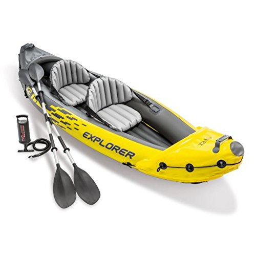 INTEX 68307EP Explorer K2 Inflatable Kayak Set: Includes Deluxe 86in Aluminum Oars and High-Output Pump – SuperStrong PVC – Adjustable Seats with Backrest – 2-Person – 400lb Weight Capacity