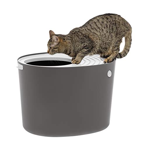 IRIS USA Large Stylish Round Top Entry Cat Litter Box with Scoop, Curved Kitty Litter Pan with Litter Particle Catching Grooved Cover and Privacy Walls, Dark Gray/White