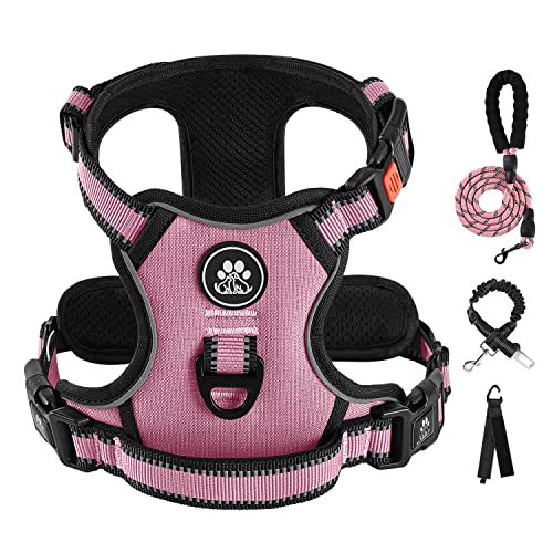 IVY&LANE No Pull Dog Harness for Medium Dogs, Dog Vest Harness with Leash, Safety Belt and Storage Strap, Fully Adjustable Harness, 360° Reflective Strip, Soft Handle (Pink, M)