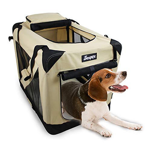 JESPET Soft Dog Crates Kennel for Pets, 3 Door Soft Sided Folding Travel Pet Carrier with Straps and Fleece Mat for Dogs, Cats, Rabbits, Grey Blue & Beige (36" L x 24" W x 27" H, Beige)
