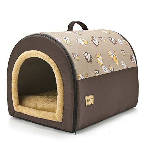 Jiupety Dog House Cozy, 2 in 1 Small Dog House, L Size for Small Medium Dog, Comfy Cave Portable House for Dogs, Brown