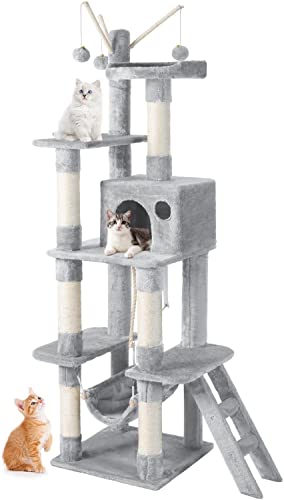 JOYO Cat Tree for Indoor Cats, 65.5 Inches Multi-Level Cat Tower Cat Tree with Hammock, Scratching Posts, Top Perch, Ladder, Cat Activity Tree Cat Condo with Toys, Cat Climbing Tower for Kitten Play