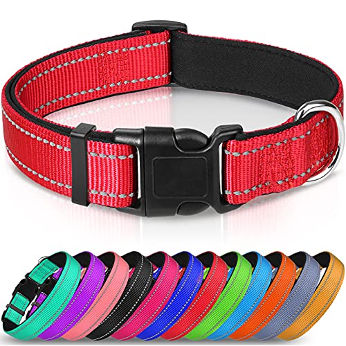 Joytale Reflective Dog Collar,Soft Neoprene Padded Breathable Nylon Pet Collar Adjustable for Large Dogs,Red,L