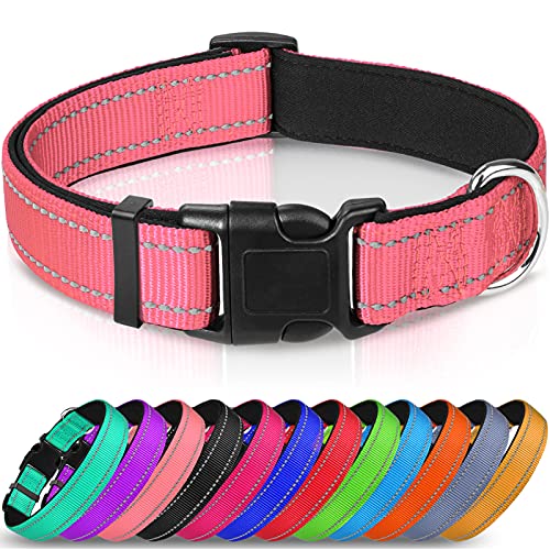 Joytale Reflective Dog Collar,Soft Neoprene Padded Breathable Nylon Pet Collar Adjustable for Large Dogs,Pink,L