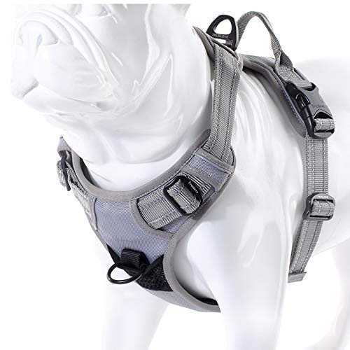 JUXZH Soft Front Dog Harness .Best Reflective No Pull Harness with Handle and Two Leash Attachments Gray