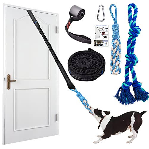 KATOLK Door Anchor Dog Hanging Bungee Tug Toy for Small Dog Pull Rope and Tug of War, Indoor Outdoor Pull Interactive Toy, Durable Retractable Tugger Dog Rope Toy with 2 Chew Toys for Dogs and Cats