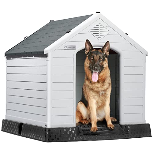 LEMBERI Durable Waterproof Plastic Dog House for Small to Large Sized Dogs, Indoor Outdoor Doghouse Insulated Puppy Shelter with Elevated Floor, Easy to Assemble,Ventilation Design Dog Home Gray