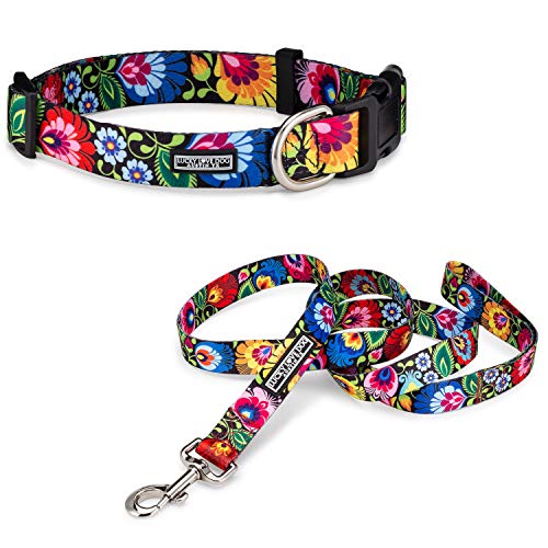 Lucky Love Dog Collars | Vivid Floral Girl or Boy Dog Collar & Leash Set for Small Dogs - Blackbird Combo, Small