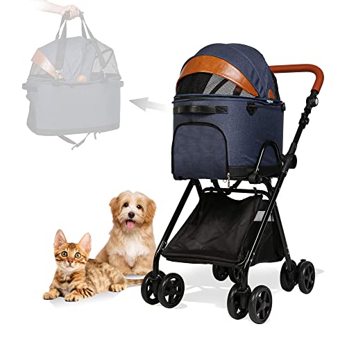 LUCKYERMORE Luxury Folding Pet Stroller Detachable 2 in 1 Pet Carrier Bag Car Seat Dog Stroller for Medium Dogs Cats with Adjustable Handlebar