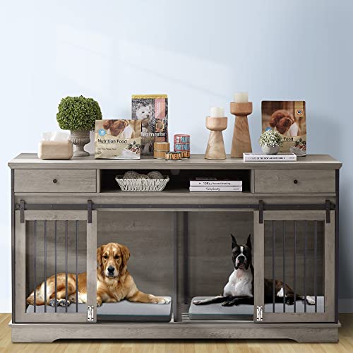 Lyromix Dog Crate Furniture Large Breed TV Stand with Drawer & 2 Sliding Doors, Dog Kennels and Crates for Medium Large Dogs with Divider, Wood Dog Crate End Table, Grey, 66.1''W*23.6''D*36''H