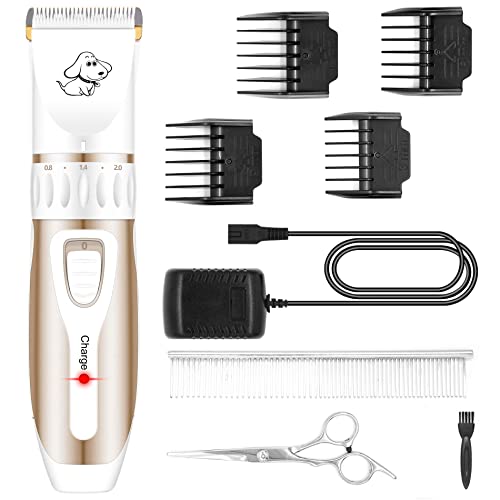 Maxshop Pet Grooming Clippers, Professional Quiet Rechargeable Cordless Pet Hair Clippers with Comb Guides Scissors Stainless Steel Blades Kit for Dogs Cats,Pets Long Short Hair Shave (White)