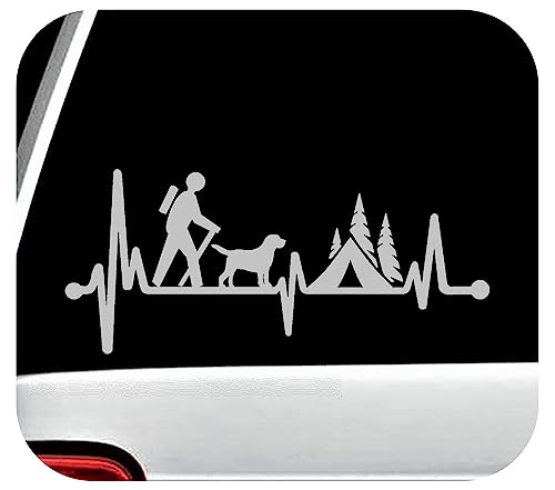 Metallic Silver Guy Hiker Camper with Dog Camping Tent Heartbeat Lifeline Decal Sticker for Car Window 8.0 Inch BG 333Silver