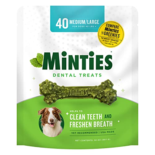 Minties VetIQ Dog Dental Bone Treats, Dental Chews for Medium/Large Dogs (Over 40 Lbs), 32 Ounces, Green, 40 Count