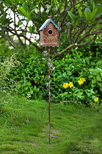 MOCOME Baroque Cottage Bird House Stake for Outside with Pole, Distressed Metal Birdhouse Stand for Outdoor Garden,Purple