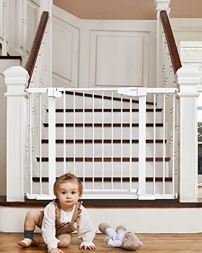 Mom's Choice Awards Winner-Cumbor 29.7-46" Auto Close Baby Gate for Stairs, Easy Install Pressure/Hardware Mounted Dog Gates for The House Indoor, Easy Walk Thru Wide Safety Pet Gates for Dogs, White