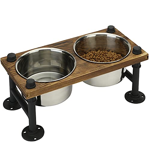 MyGift Rustic Solid Brown Wood Elevated Dog Feeder with Industrial Metal Legs, Dog Food and Water Bowls for Medium Dogs, Raised Pet Feeder with 2 Stainless Steel Bowls