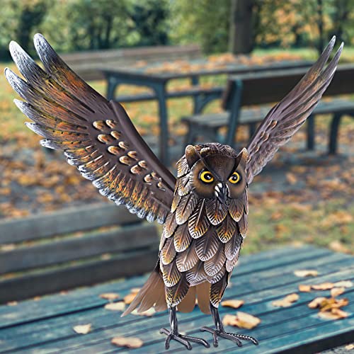 Natelf Garden Owl Sculptures & Statues, Standing Metal Bird Yard Art Sculpture for Patio Backyard Pond Outdoor Decorations Multicolor