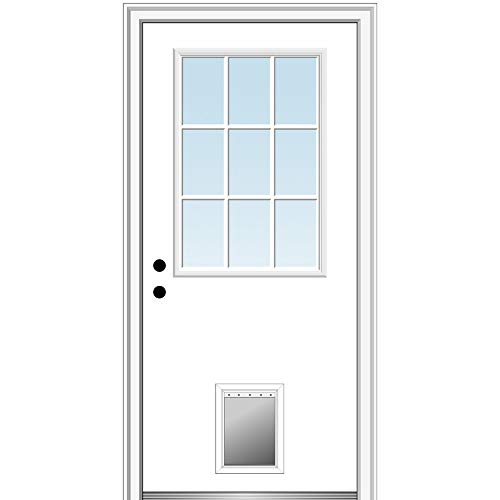 National Door Company ZZ00762R Steel Primed, Right Hand in-Swing, Prehung Front Door, 9 Lite with Pet Door, Clear Glass, 32" x 80"