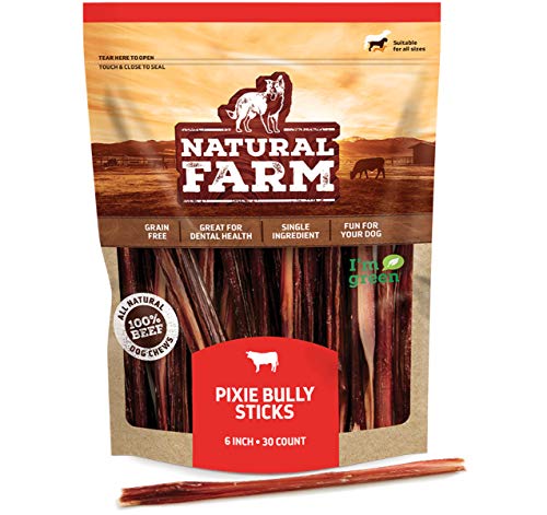 Natural Farm Bully Sticks (6 Inch, 30 Pack), Thin Pizzle Pixie Beef Treats, Grain-Free, High Protein, Best Rawhide Alternative for Small, Puppies or Senior Dogs
