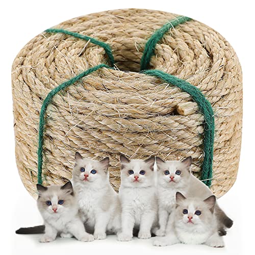 Natural Sisal Rope 1/4" Heavy Duty Twine for Cat Scratching Post,Cat Scratcher Replacement,Cat Tree,Scratching Pad,DIY,Crafts,Gardening,Hammock,Home Decorating(33FT)