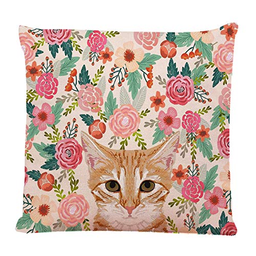 Ofocam Throw Pillow Cover Orange Portrait Tabby Cat Spring Florals Cute Lady Person Square Decorative Throw Pillow Cushion Case for Home Couch Living Room Bed Sofa Car 18 x 18 Inches Pillowcase