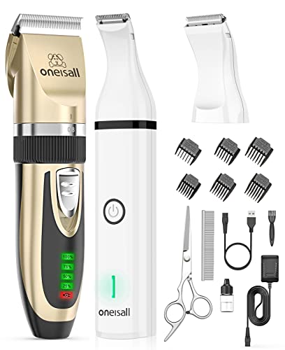 oneisall Dog Clippers and Dog Paw Trimmer Kit 2 in 1 Low Noise Cordless Dog Clippers for Grooming Pet Hair Trimmers for Small and Large Dogs Cats Animals