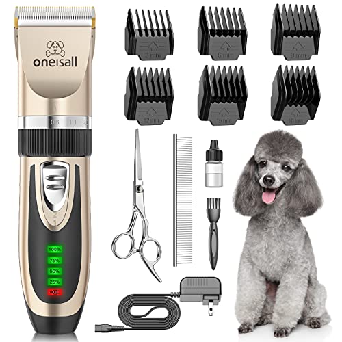 oneisall Dog Clippers Low Noise, 2-Speed Quiet Dog Grooming Kit Rechargeable Cordless Pet Hair Clipper Trimmer Shaver for Small and Large Dogs Cats Animals (Gold)