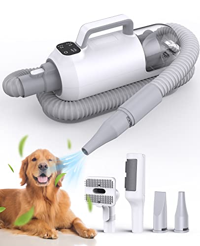 oneisall Dog Hair Dryer and Vacuum 2 in 1, Dog Grooming Kit with 4 Pet Grooming Tools for Drying & Shedding Brush Pet Hair, Pet Blow Dryer with Adjustable Speed Temperature, 1L Dust Cup (white)