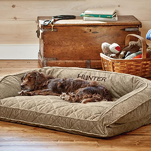 Orvis ComfortFill-Eco Bolster Dog Bed - Plush Rectangular Dog Beds with Three-Sided Bolster for Leaning, Brown Tweed - Medium