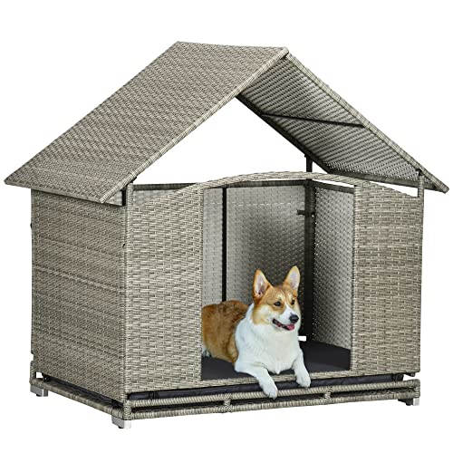 PawHut Wicker Dog House Outdoor with Canopy, Fancy Dog Bed Rattan Outside Dog Shelter with Water-Resistant Soft Cushion, Small Dog House for Medium Dogs
