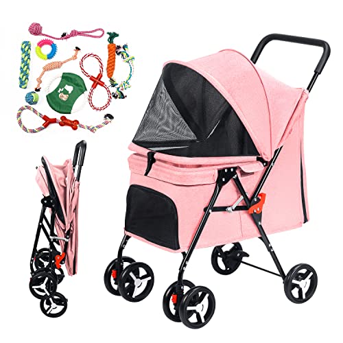 Pet Stroller 4 Wheel Foldable Cat Dog Stroller for Medium Small Dogs Cats Travel Stroller with Bring Pet Toys and Removable Liner Pink