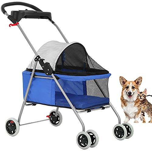 Pet Stroller 4 Wheels Posh Folding Waterproof Portable Travel Cat Dog Stroller with Cup Holder,Blue