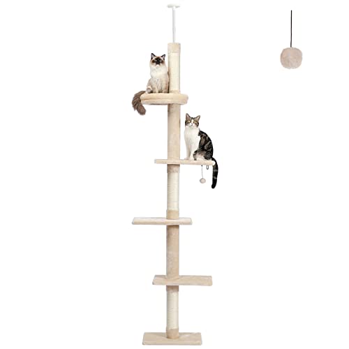 PETEPELA Cat Tower 5-Tier Floor to Ceiling Cat Tree Height(95-107 Inches) Adjustable, Tall Cat Climbing Tree Featuring with Scratching Post, Cozy Bed,Interactive Ball Toy for Indoor Cats/Kitten Beige