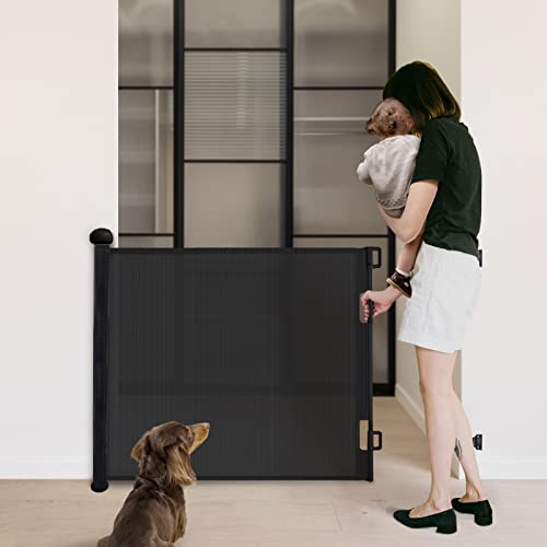 PETGOD Retractable Baby Gate, Upgraded One-Way Lock Mesh Dog Gate Tall 34”, Extends up to 55” Extra Wide Pet Gate and Safety Child Gate for Stairs, Doorways, Hallways, Banisters, Indoors, Outdoors