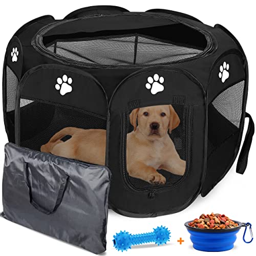 Petrealm Dog Playpen Indoor for Small, Medium and Large Dogs. Portable Dog Pen, Foldable & Pop up puppy playpen indoor & Outdoor Travel. Puppy Kennel comes with additional Toys and Bag. (Medium-Black)